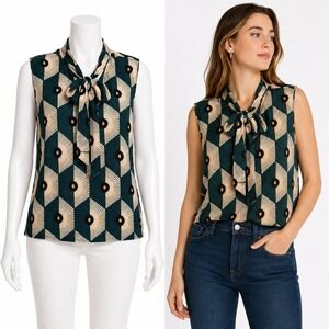 80 Park Blouse Women XL Green Geometric Retro Tie Neck Sleeveless Stretch Top